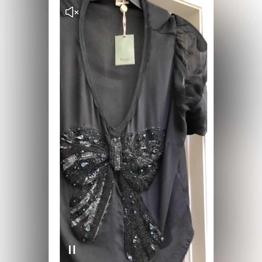 Hoss Intropia Black Silk Top with Beaded/ Sequin Bow and Puffed Sleeves